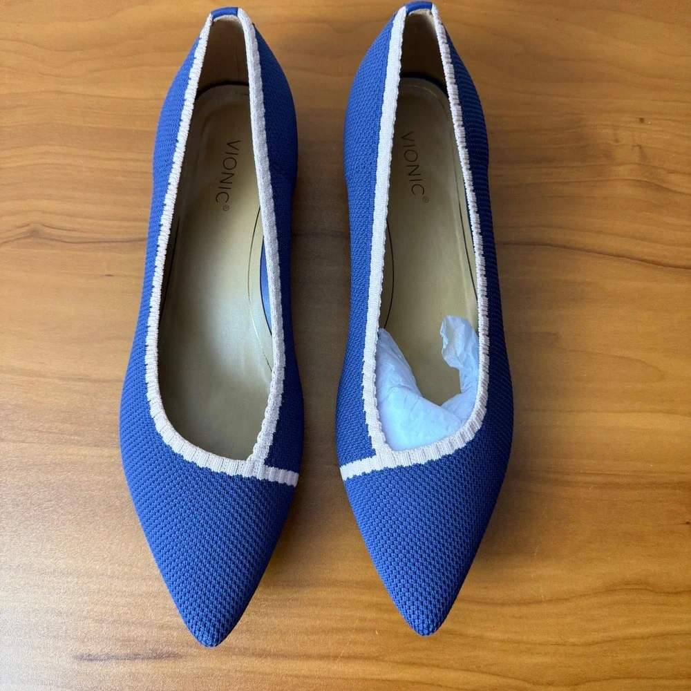 Vionic Dahlia Blue Knit Pointed Toe Flats Pink Trim Womens 11 Orthotic Comfort